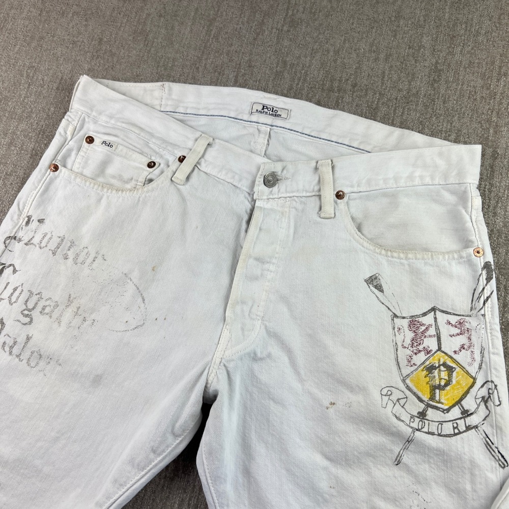Polo Ralph Lauren Sullivan Slim Jeans Mens 34x30 White Graphic Graffiti Varsity - Picture 2 of 7